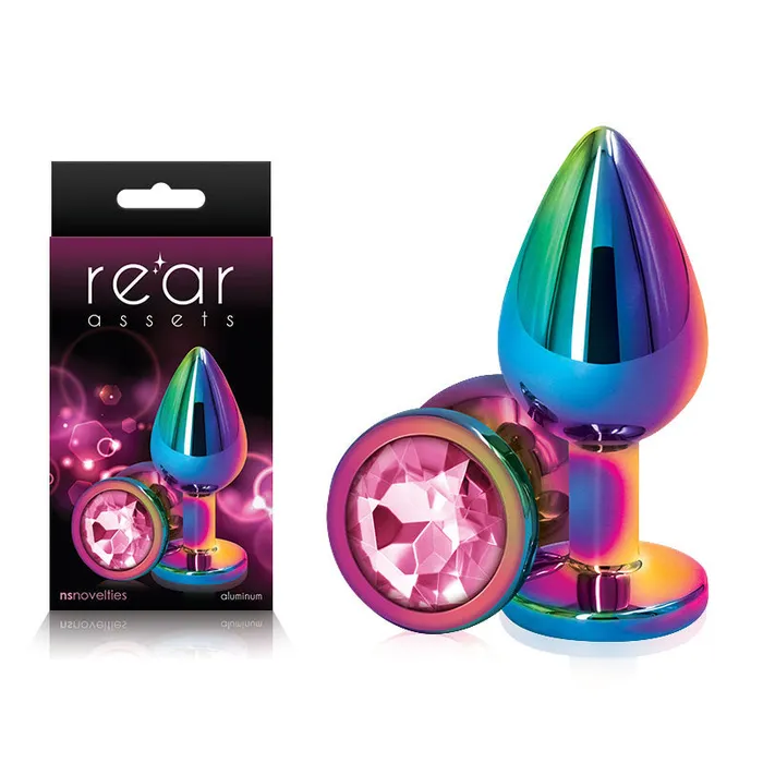 Anal Rear Assets Multi Coloured Medium Multi Coloured Medium Metal Butt Plug with Pink Gem Base NS Novelties