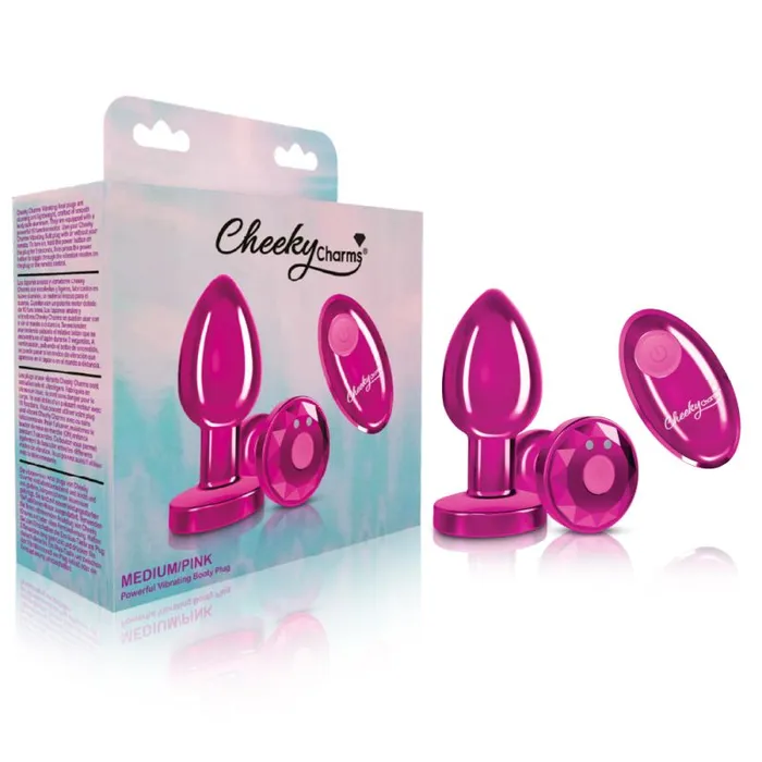 Cheeky Charms Pink Rechargeable Vibrating Metal Butt Plug w Remote Medium Cheeky Charms Anal