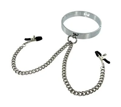 Kink Industries Female Sex Toys Chrome Slave Collar With Nipple Clamps SM