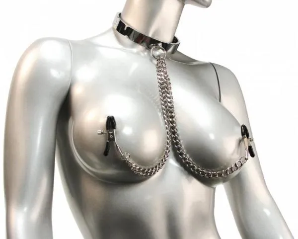 Kink Industries Female Sex Toys Chrome Slave Collar With Nipple Clamps SM