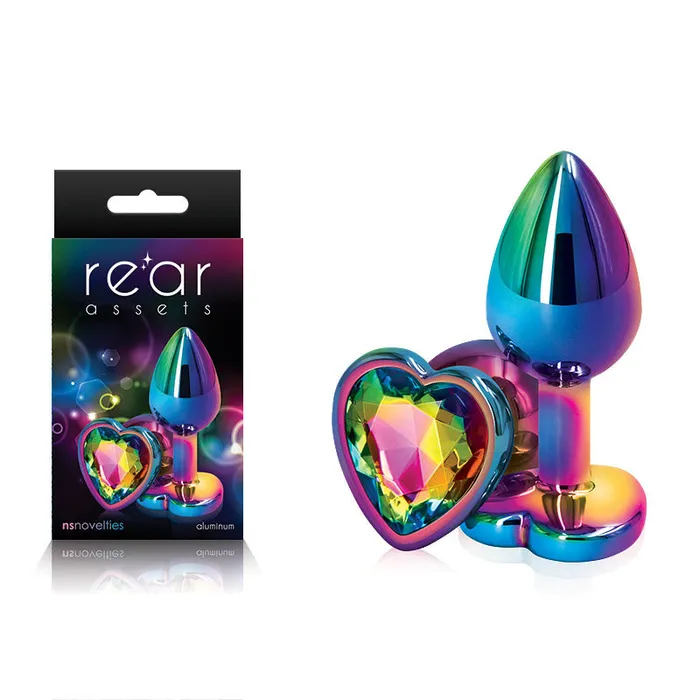 NS Novelties Anal Rear Assets Multi Coloured Heart Multi Coloured Small Metal Butt Plug with Rainbow Heart Gem Base