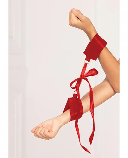 Restraints 7 til Midnight Satin Elastic Cuffs D Ring Satin Ribbon Tie Red OS