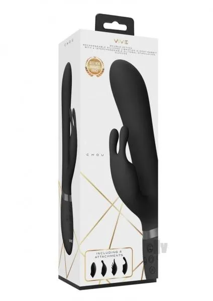 Seductucom Female Sex Toys Vive Chou Rechargeable Silicone Rabbit Vibrator With Interchangeable Clitoral Sleeves Black