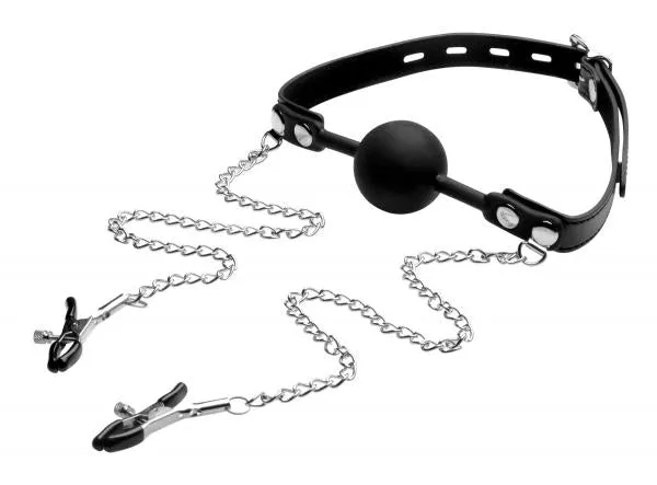 STRICT Couples Strict Silicone Ball Gag With Nipple Clamps Black