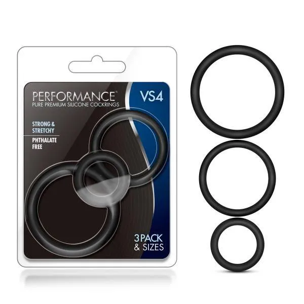 Blush Novelties Performance VS4 Pure Premium Silicone Black Cock Rings Set of 3 Sizes Anal