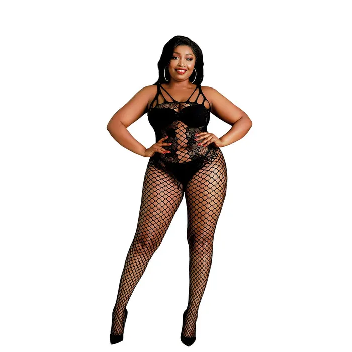 Bodystockings Playsuits Moonlight Lingerie Moonlight Lace and Fishnet Bodystocking Black Plus Size