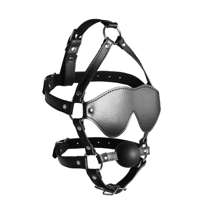 OUCH XTREME Male Sex Toys Blindfolded Head Harness with Solid Ball Gag Black