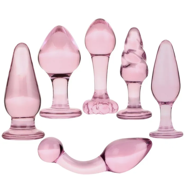 ALMYTY Pink Wearable Crystal Glass Butt Plug Anal Beads Set 6 Unique Shapes for Sensual Play Anal