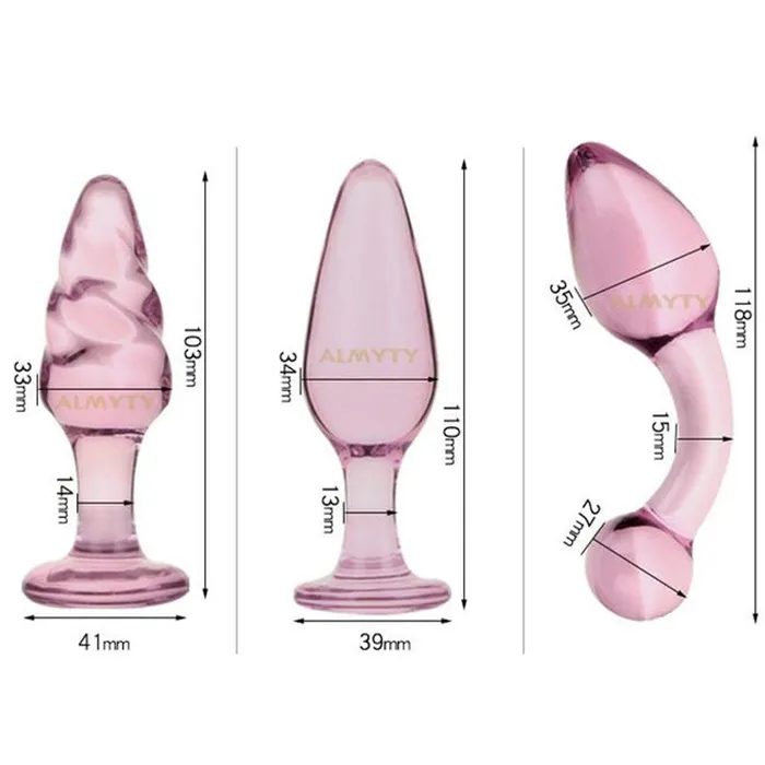 ALMYTY Pink Wearable Crystal Glass Butt Plug Anal Beads Set 6 Unique Shapes for Sensual Play Anal