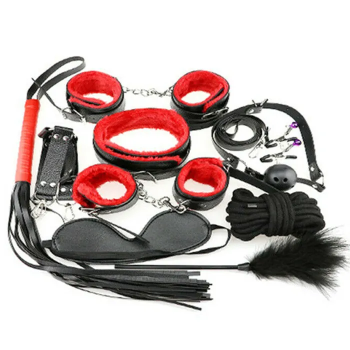 BDSM 10 pcs Bondage Kit Fetish Restraint Set BlackRed AMN Anal