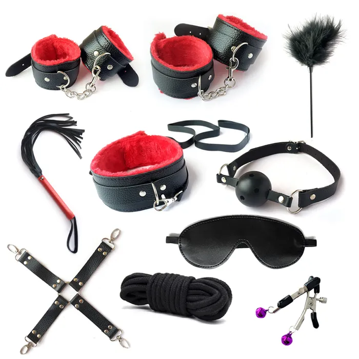 BDSM 10 pcs Bondage Kit Fetish Restraint Set BlackRed AMN Anal