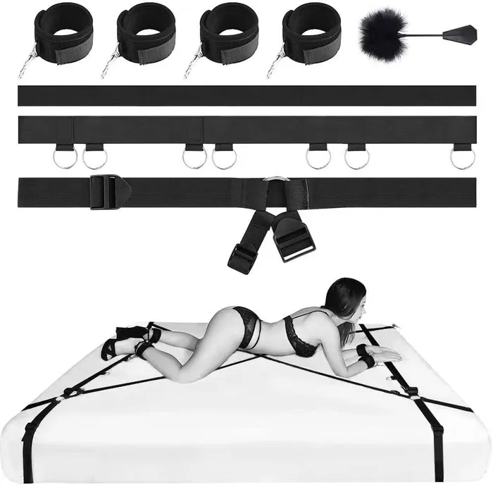 BDSM Under Bed System Hand Ankle Cuffs Restraints Strap Bondage Kit with Paddle Tickler AMN Couples