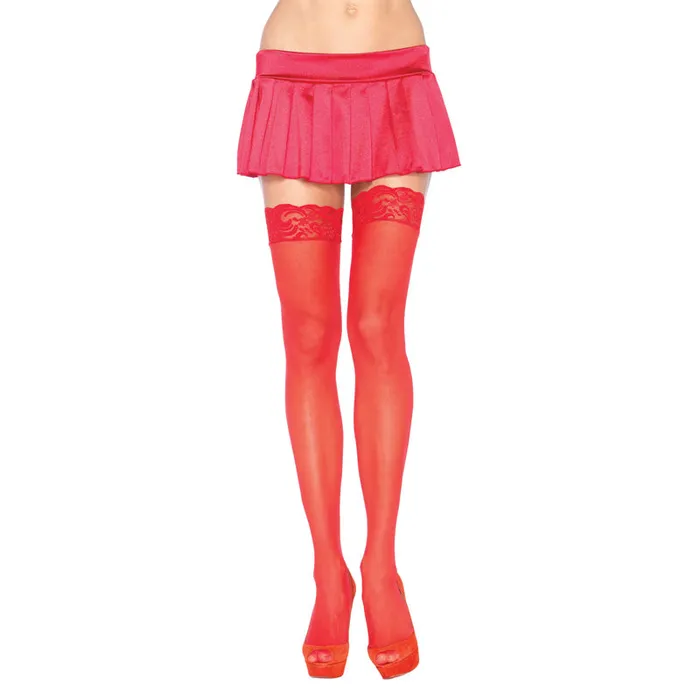 Hosiery Leg Avenue Lingerie Leg Avenue Sheer Thigh Highs With Lace Tops Red UK 8 to 14