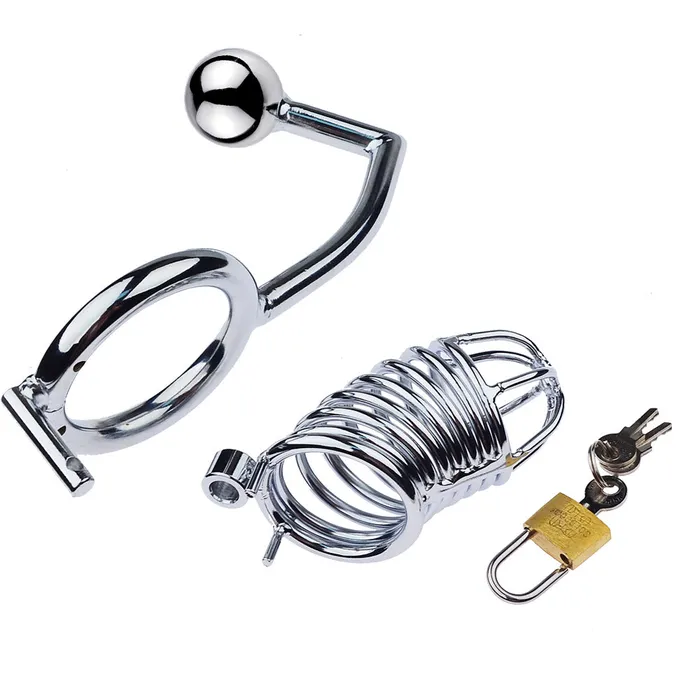 LHD Male Sex Toys LHD Threaded Stainless Steel Male Chastity Cage with Anal Hook 3 Size Options