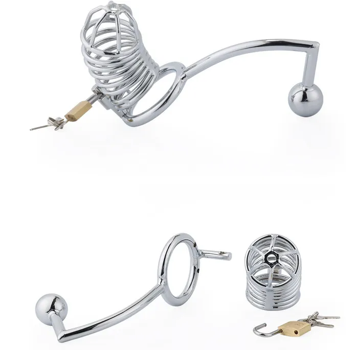 LHD Male Sex Toys LHD Threaded Stainless Steel Male Chastity Cage with Anal Hook 3 Size Options