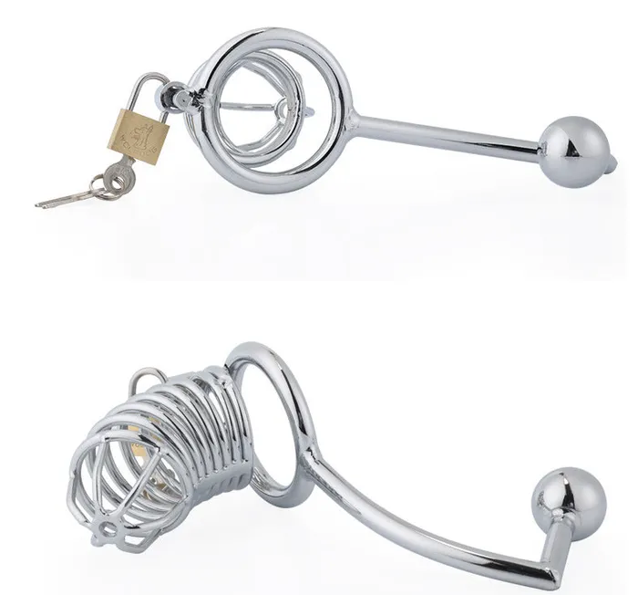 LHD Male Sex Toys LHD Threaded Stainless Steel Male Chastity Cage with Anal Hook 3 Size Options