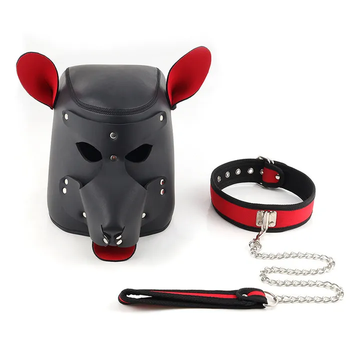 RYSC Couples BDSM Puppy Play Bondage PU Leather Dog Headmask with Collar Leash