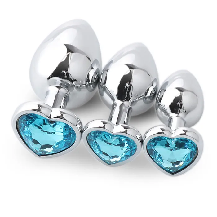 SexyPlay Anal 3pcs HeartShaped Jewelled Stainless Steel Anal Plug Kit Sky