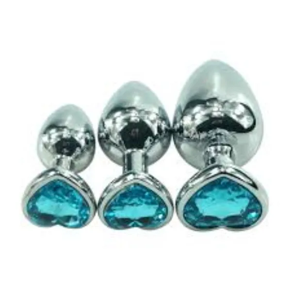 SexyPlay Anal 3pcs HeartShaped Jewelled Stainless Steel Anal Plug Kit Sky